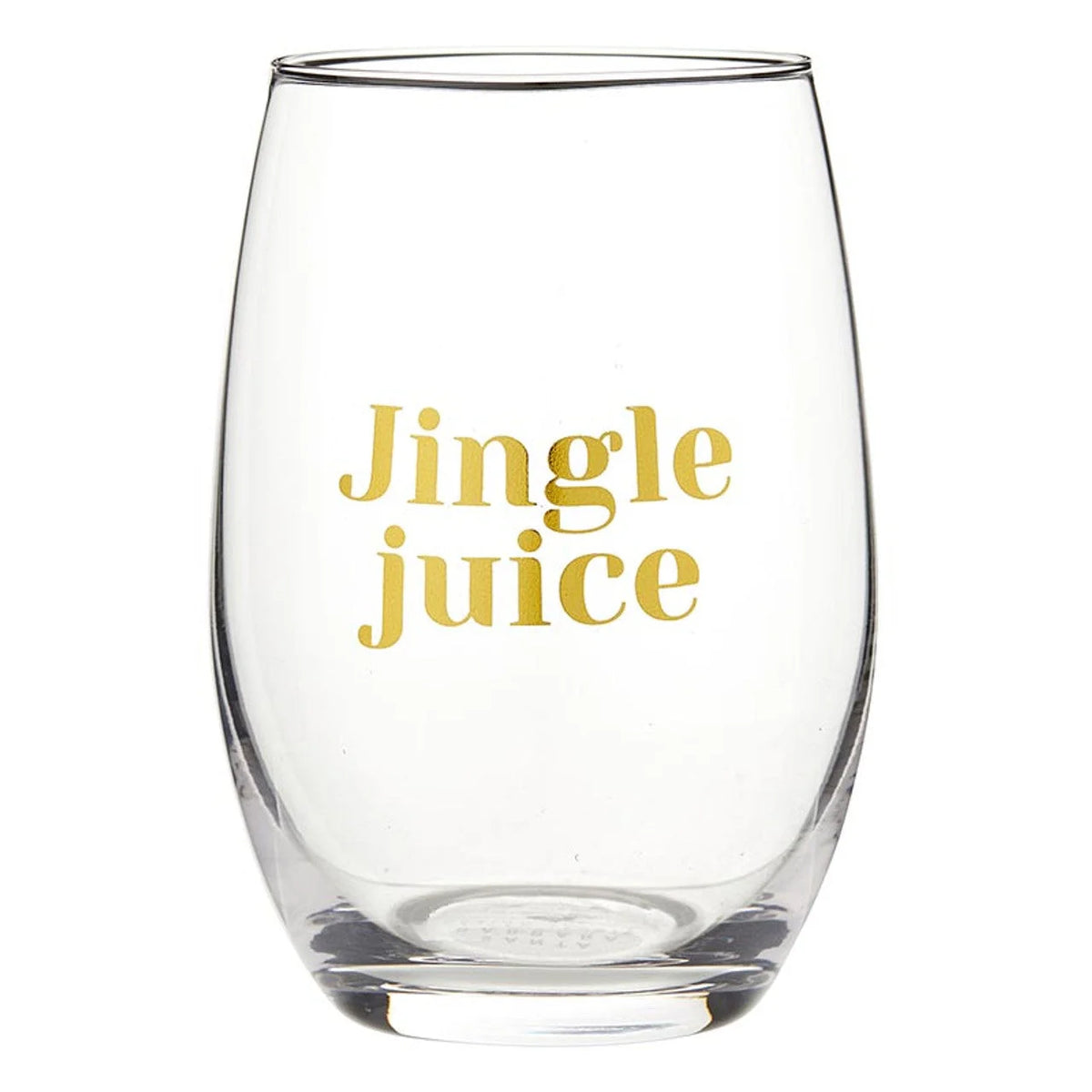 Clear stemless wine glass with Jingle Juice in gold for holiday entertaining from Shop Daisy