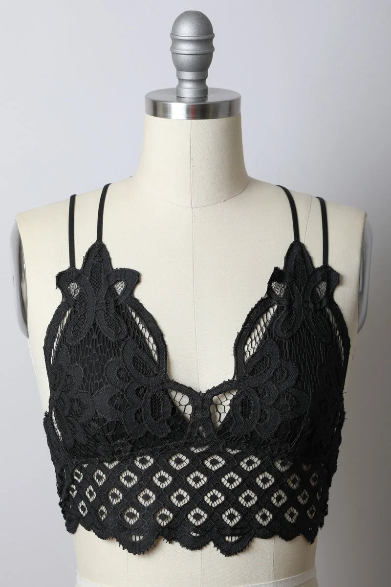 Close-up of a black Padded Crochet Lace Longline Bralette on a mannequin