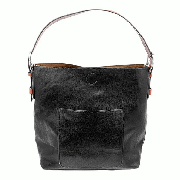 Close-up of a stylish black vegan leather Classic Hobo handbag with a brown handle