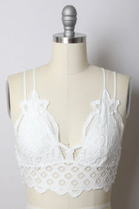 Close-up of Padded Crochet Lace Longline Bralette on a mannequin with white lace bra