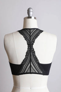 Close-up of a Seamless Front Lace Racerback Bralette displayed on a mannequin