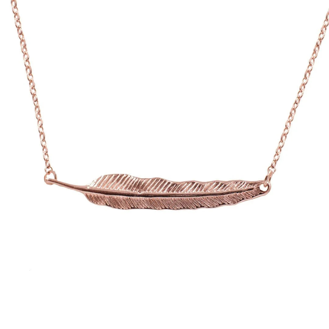 Close-up of a Leaf Pendant Necklace featuring a detailed feather pendant on a chain