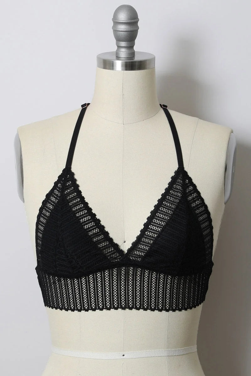 Close-up of mannequin torso showcasing Ribbed Lace Boho Racerback Bralette in black