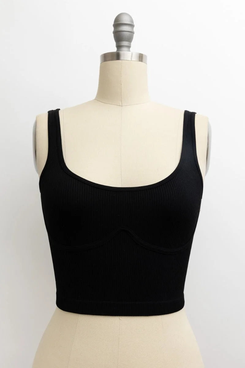 Close-up of mannequin torso featuring Ribbed Underline Seams Brami Top in black