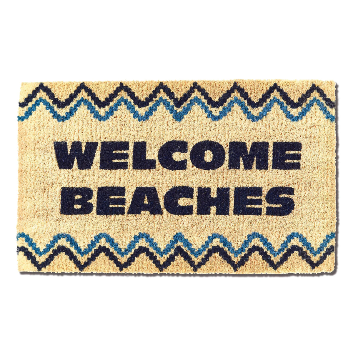 Close up of WELCOME BEACHES DOORMAT featuring a blue and black boho design