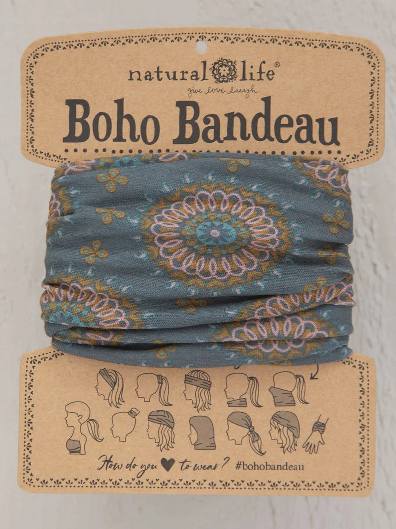 Close-up of hair ties package for FULL BOHO BANDEAU HEADBAND in Sage Gold Medallion design