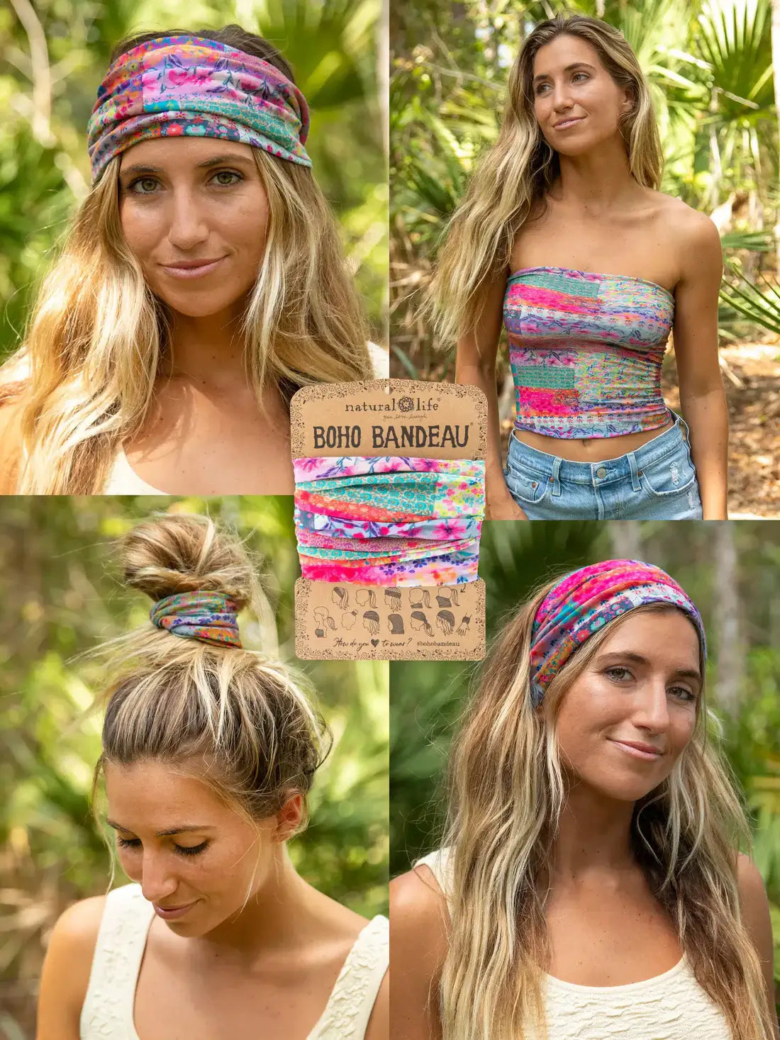 Collage of a woman styling the Pink Watercolor Patchwork Boho Bandeau from Shop Daisy