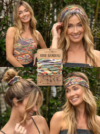 Collage of a woman showcasing versatile styles in the Full Boho Bandeau Headband Mandala Patchwork Cream