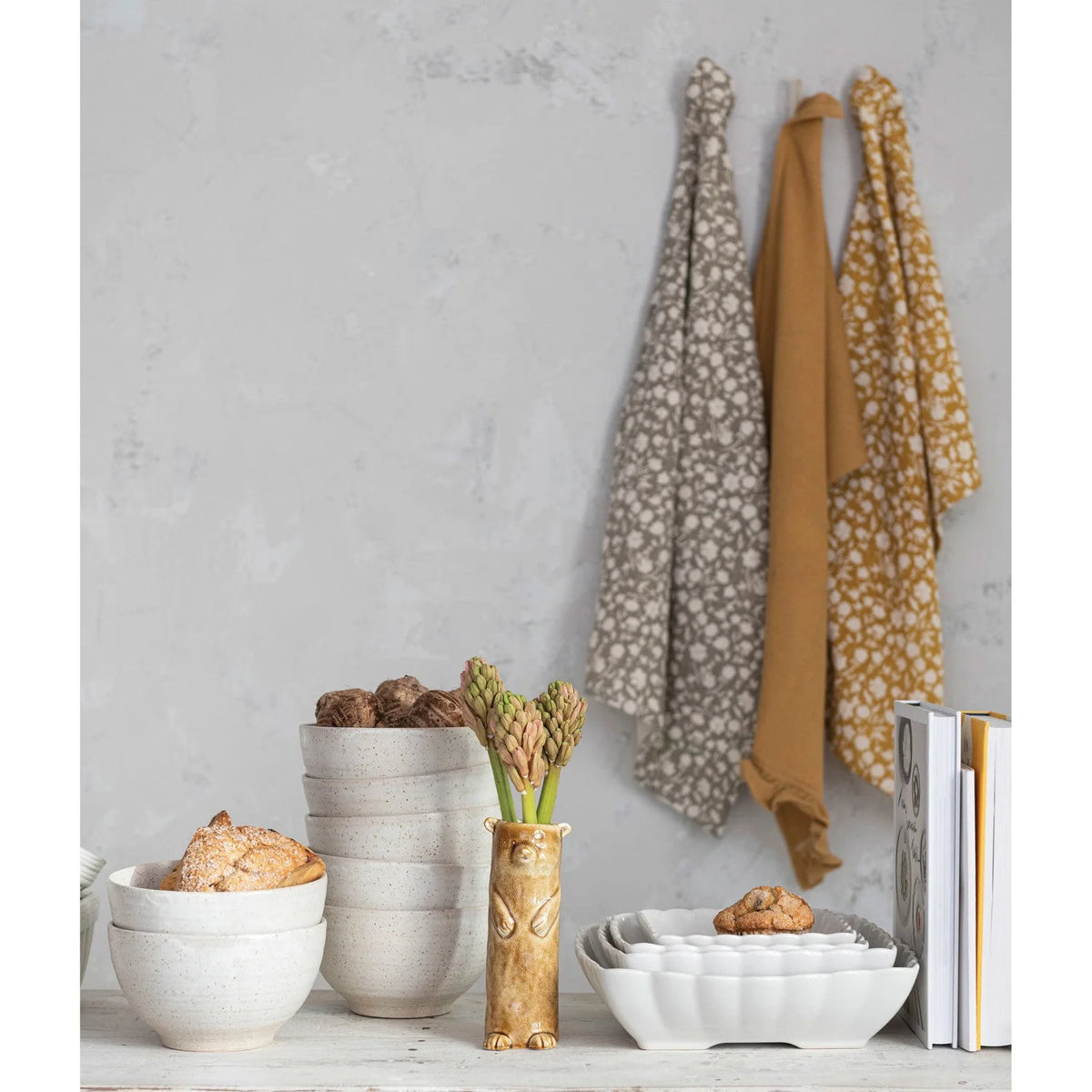 Ceramic bowls and dishes with Cotton Slub Printed and Cotton Waffle Tea Towels