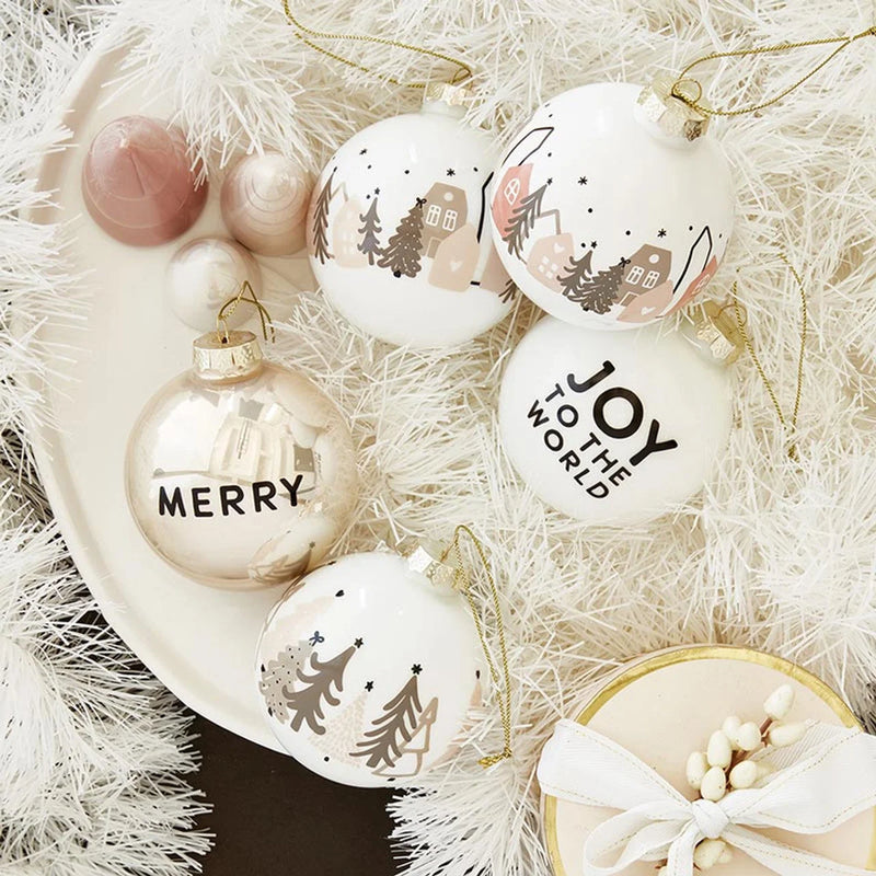 Collection of Glass Christmas Ornaments and Decorations in White, Gold, and Pastel Tones