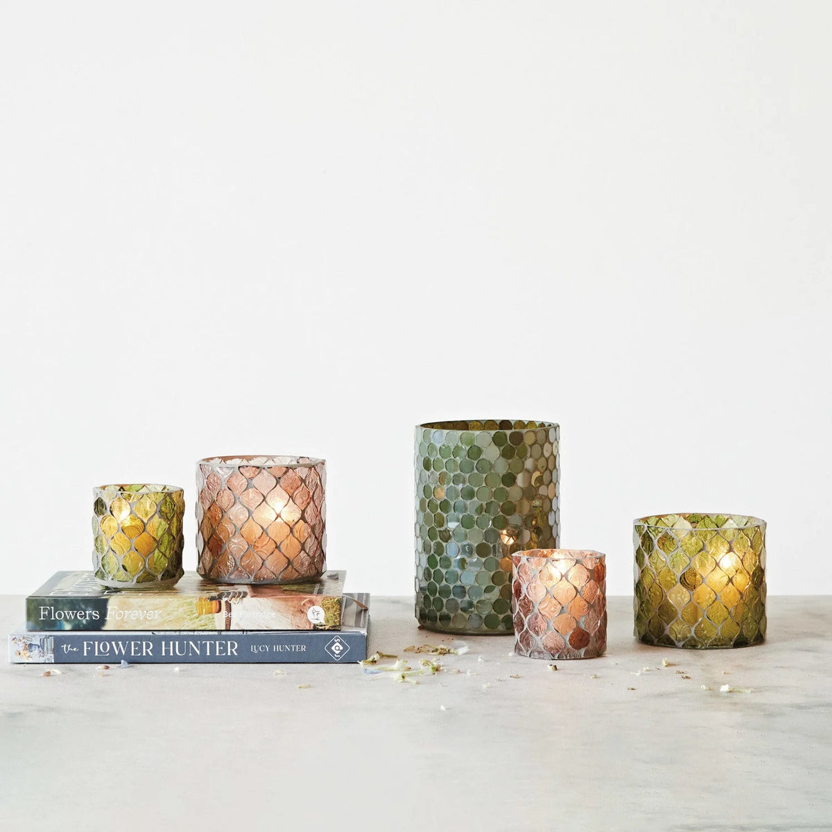 Colorful Recycled Glass Mosaic Tealight Holders showcasing unique textures and designs