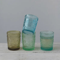 Colorful embossed drinking glasses collection featuring ornate 12oz embossed drinking glass