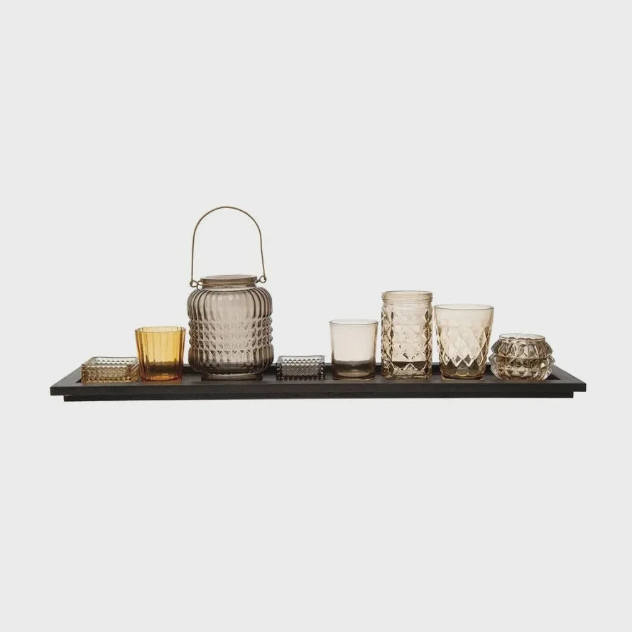 Embossed glass tealight holders and lantern on a black finish wood tray boxed set