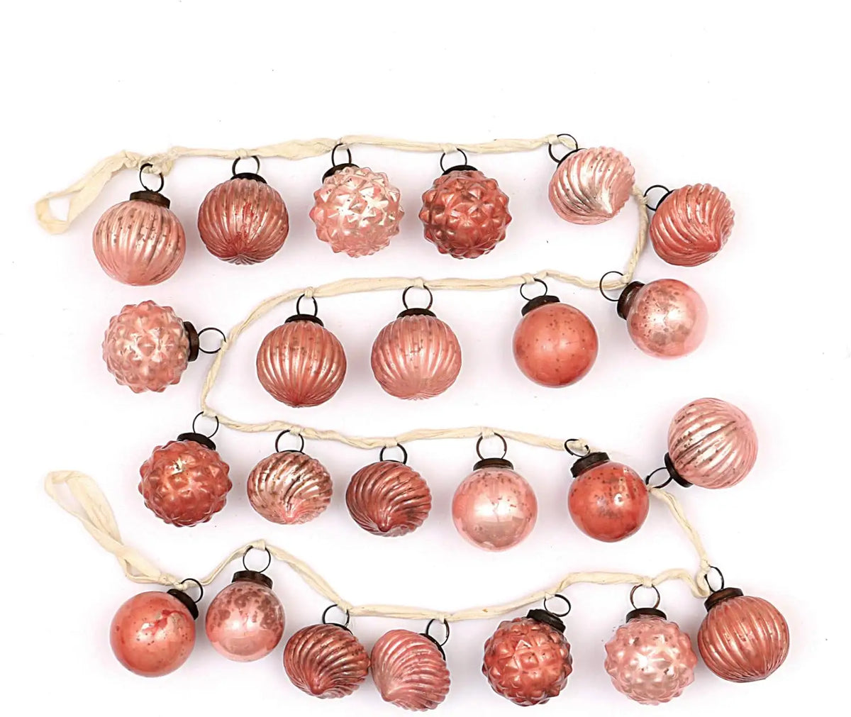 Collection of pink and coral embossed mercury glass ornaments in a decorative garland