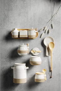 Collection of white ceramic and bamboo kitchen containers featuring Stoneware Jam Jar set