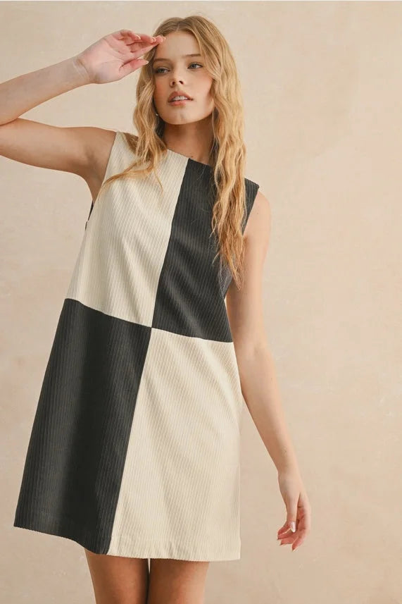 Corduroy color block mini dress with sleeveless checkerboard pattern for stylish fashion