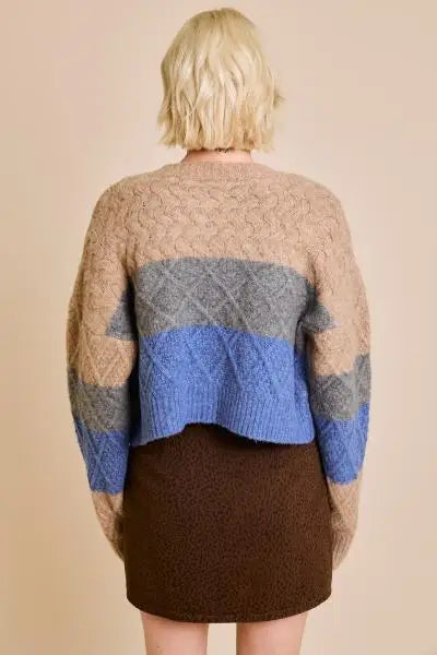 Color-blocked cable knit cropped sweater in beige, grey, and blue for a cute, warm style