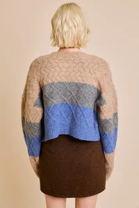 Color-blocked cable knit cropped sweater in beige, grey, and blue for a cute, warm style