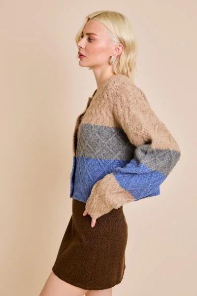 CABLE MULTI COLOR CROPPED SWEATER CARDIGAN featuring a cute geometric color-blocked design