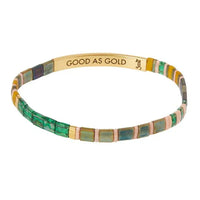 Colorful Japanese glass Miyuki bracelet with gold accents and GOOD AS GOLD engraving