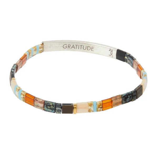 Colorful GOOD KARMA MIYUKI BRACELET with engraved GRATITUDE metal bar and Japanese glass Miyuki beads