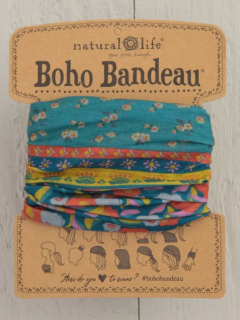 Colorful boho bandeau with turquoise floral border on display for the floral border boho fashion style