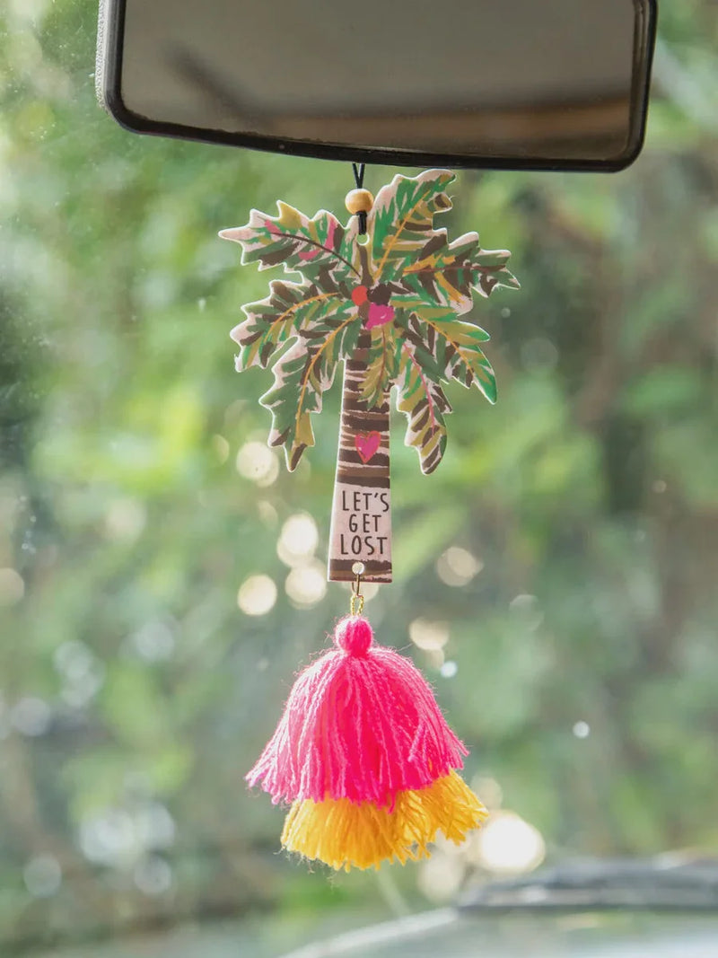 Colorful Palm Tree car air freshener with boho tassels for a flowy free spirit vibe