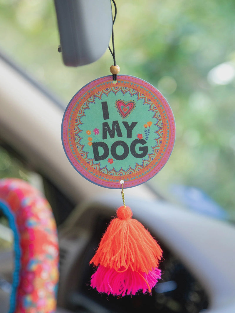 Colorful boho circular pendant with I love MY DOG text and vibrant tassel for car air freshener