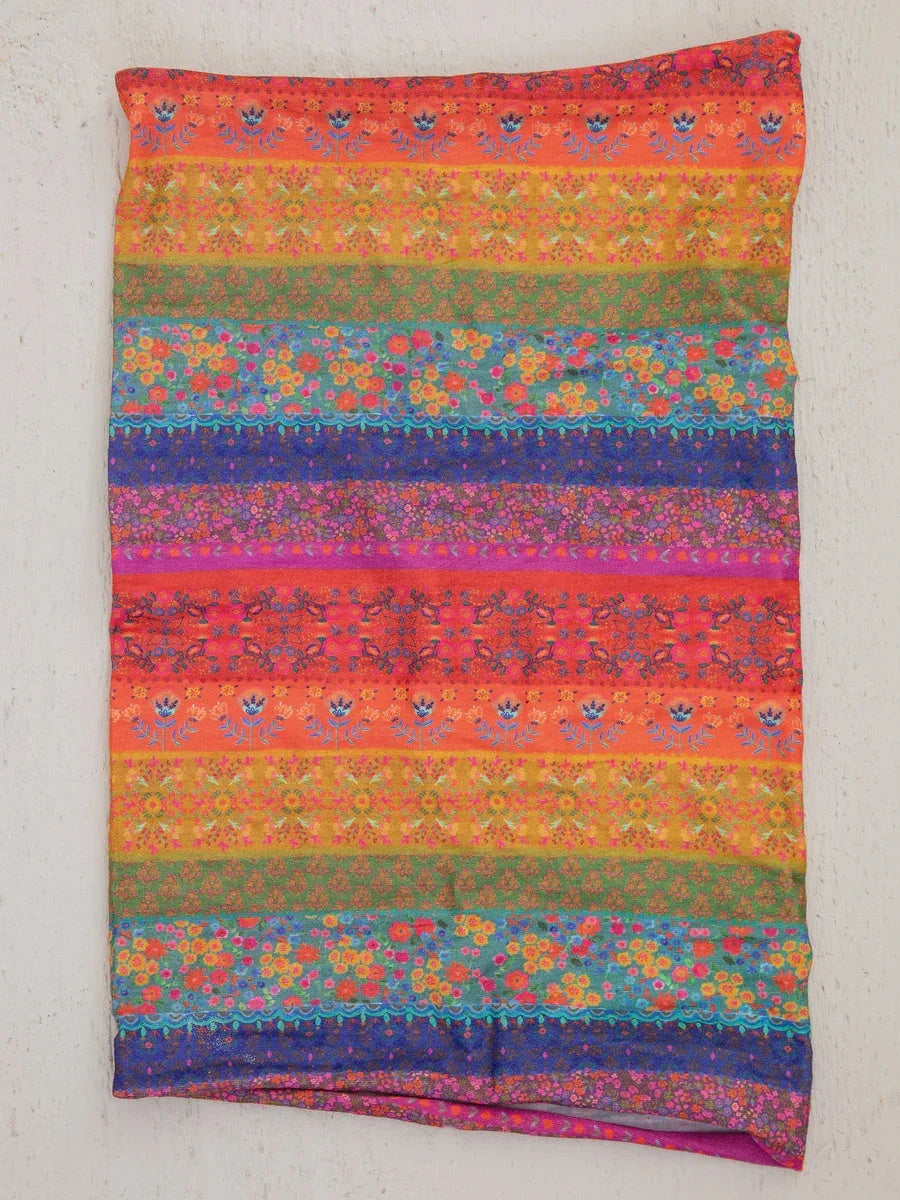 Colorful blanket and FULL BOHO BANDEAU HEADBAND - RAINBOW BORDERS showcased elegantly