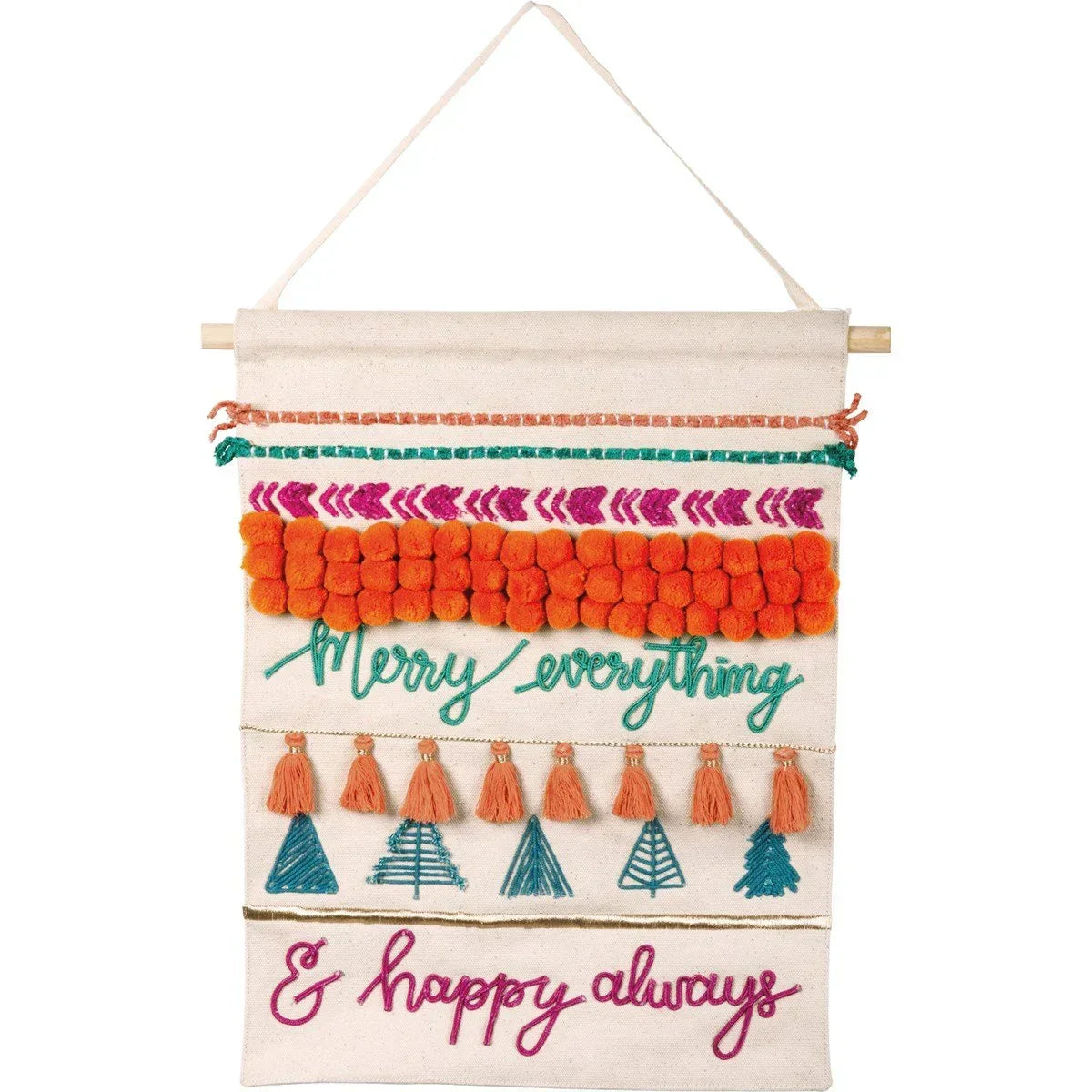 Colorful embroidered MERRY EVERYTHING hanging wall decor with festive designs and text