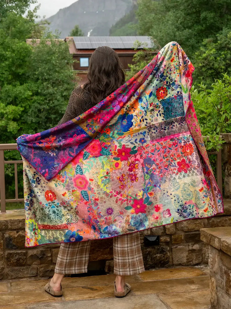 Colorful floral patchwork of DOUBLE-SIDED COZY THROW BLANKET - JEWEL BORDER design