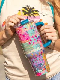 Colorful floral patchwork design on a stainless steel MEGA 40OZ TUMBLER from Shop Daisy