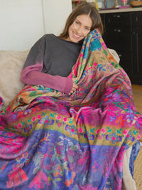 Colorful floral patterned DOUBLE-SIDED COZY THROW BLANKET - JEWEL BORDER for stylish warmth