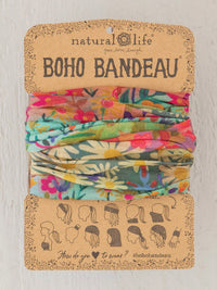 Colorful floral patterned boho bandeau headband in cardboard packaging for free spirit style