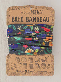 Colorful floral bandeau headband on cardboard packaging for free spirit boho style