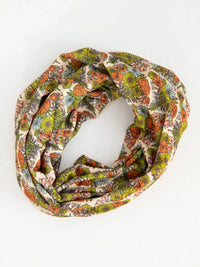 Colorful floral infinity scarf showcasing boho retro daisies design for free spirit style