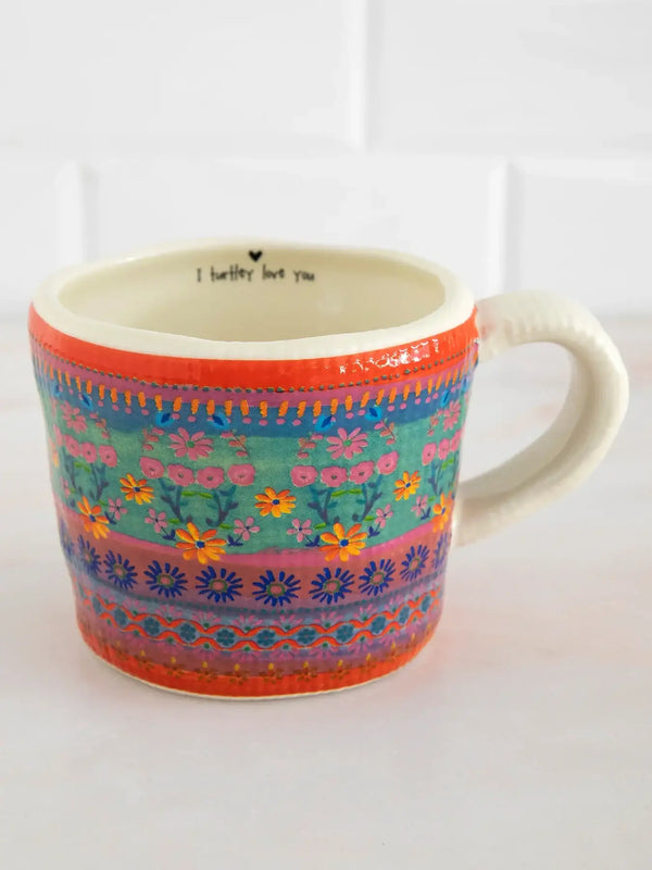 Colorful floral patterned PEEK-A-BOO coffee mug from Natural Life for women’s boho chic style
