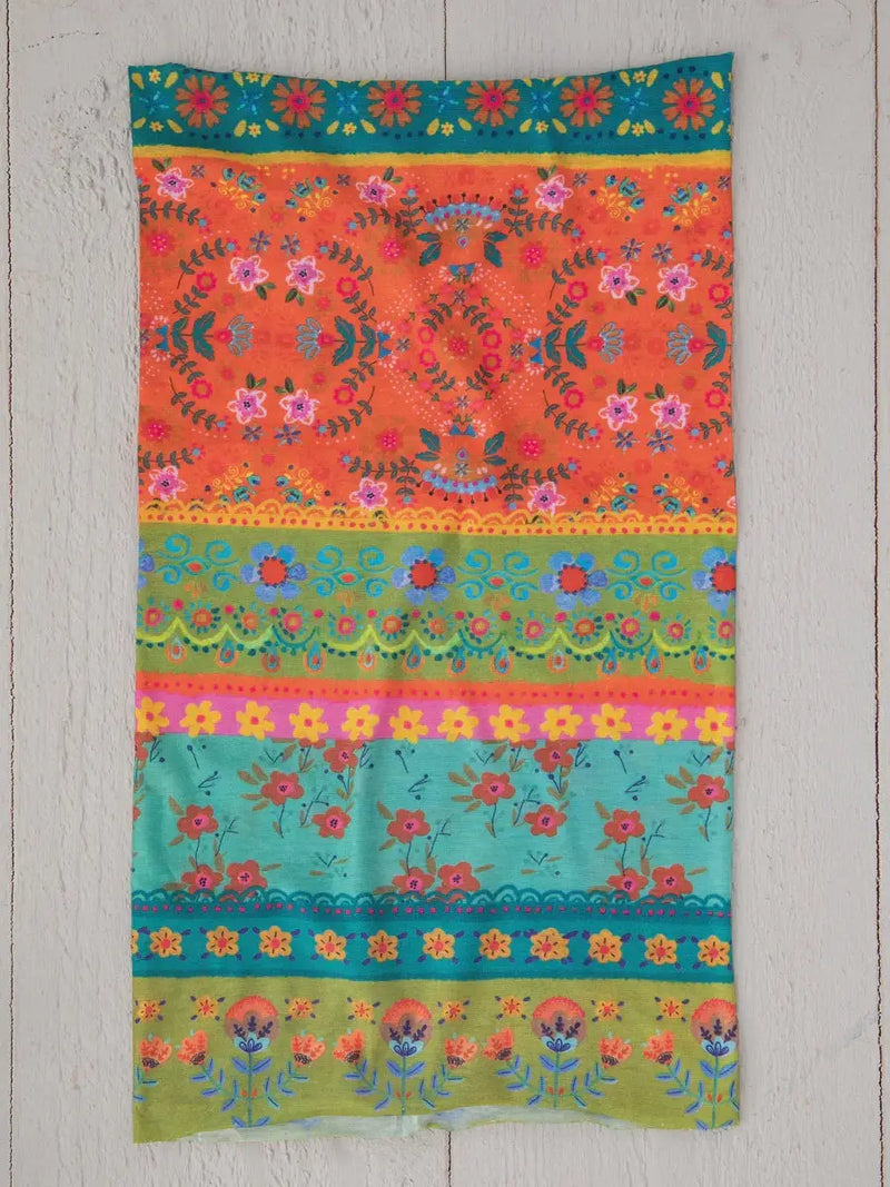 Colorful floral print scarf as a headband on display for FULL BOHO BANDEAU HEADBAND