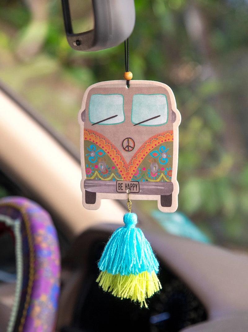 Colorful boho hippie-style van air freshener with tassels and peace symbol for free spirit