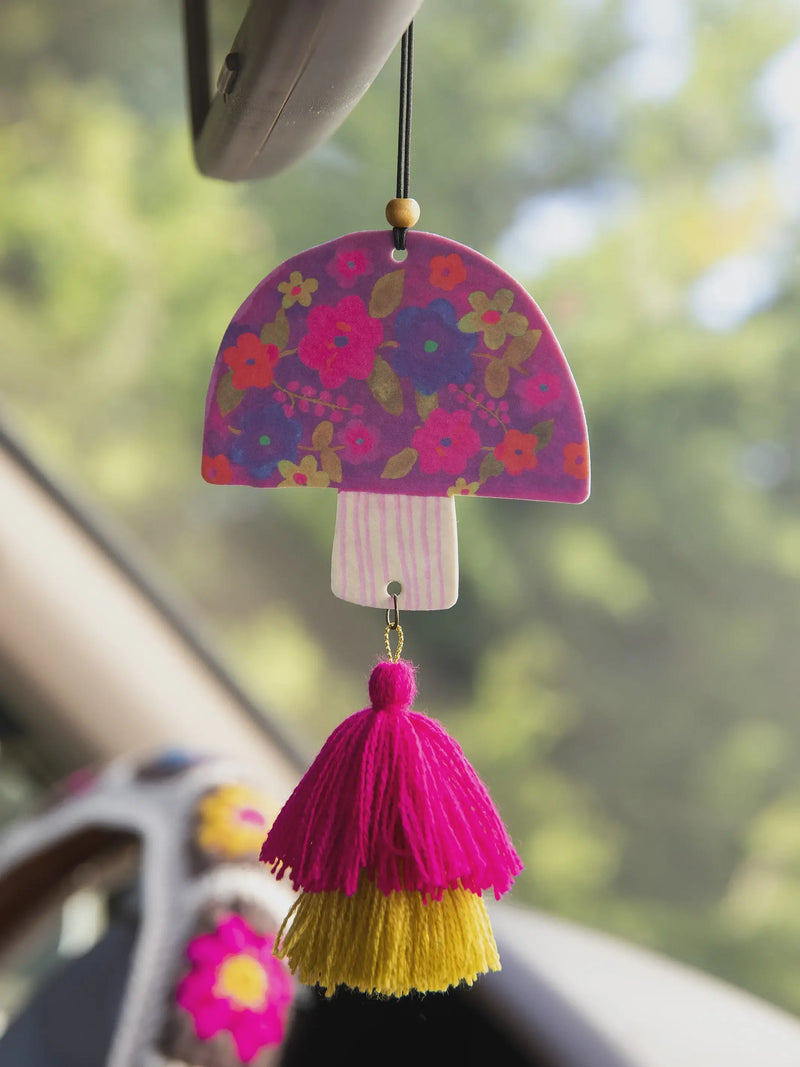 Colorful Boho air freshener featuring a Purple Mushroom ornament and flowy tassels