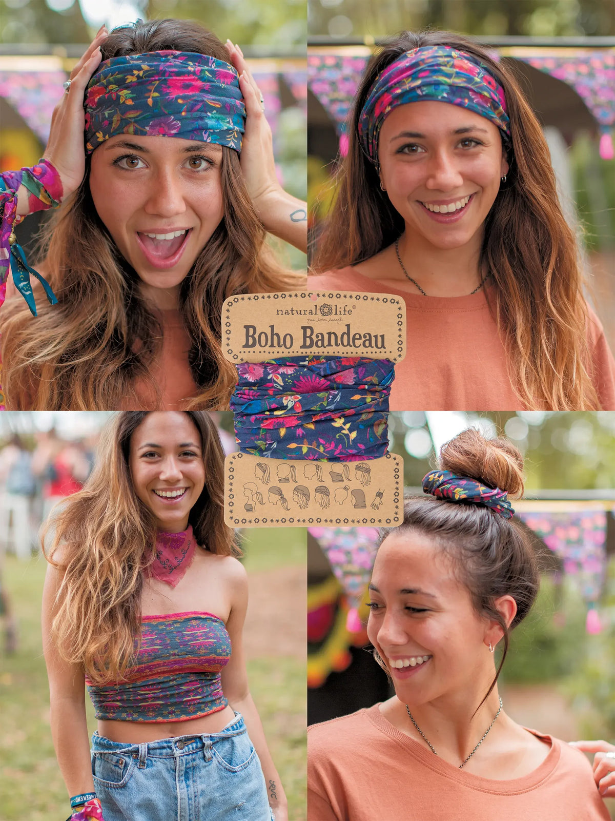 Colorful boho bandeau headband featuring Navy Wild Flowers in various styles