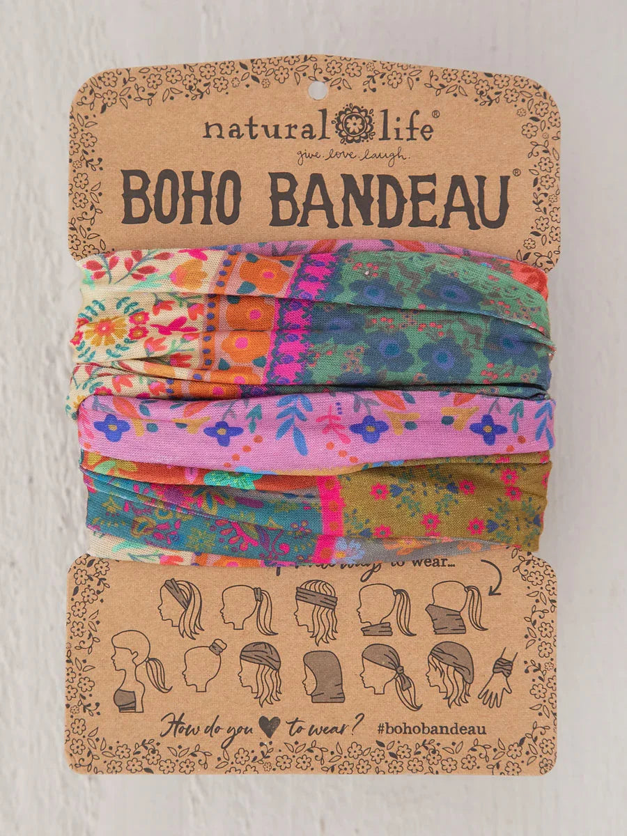 Colorful boho patterned fabric headband with free spirit packaging design