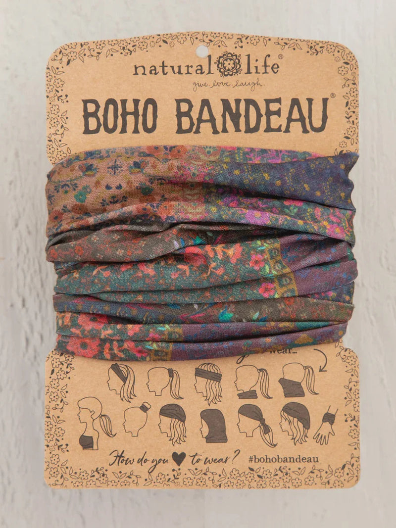 Colorful patterned boho bandeau headband on cardboard display card for free spirit style