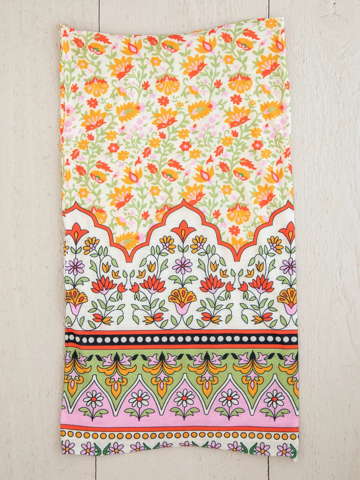 Colorful patterned textile with floral designs for FULL BOHO BANDEAU® in Lilac Orange Border