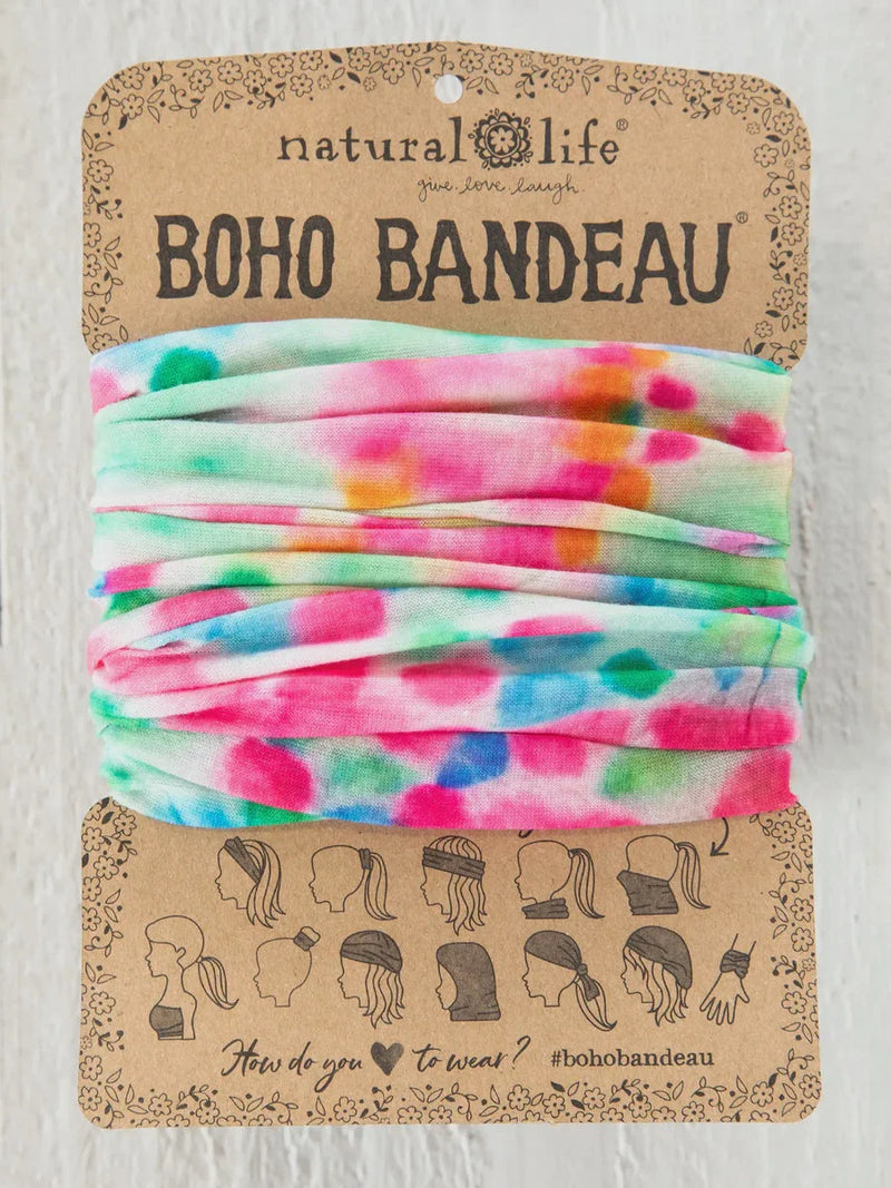 Colorful tie-dye headband in cardboard packaging labeled Boho Bandeau for free spirit style