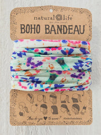 Colorful tie-dye headband in branded packaging for FULL BOHO BANDEAU HEADBAND