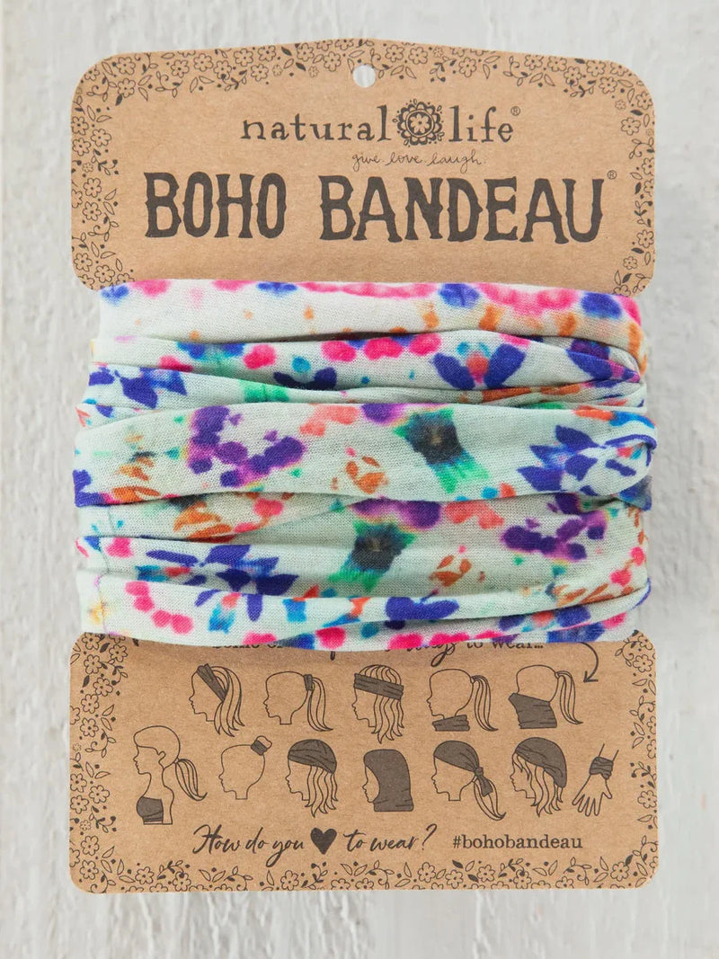 Colorful tie-dye headband in branded packaging for FULL BOHO BANDEAU HEADBAND