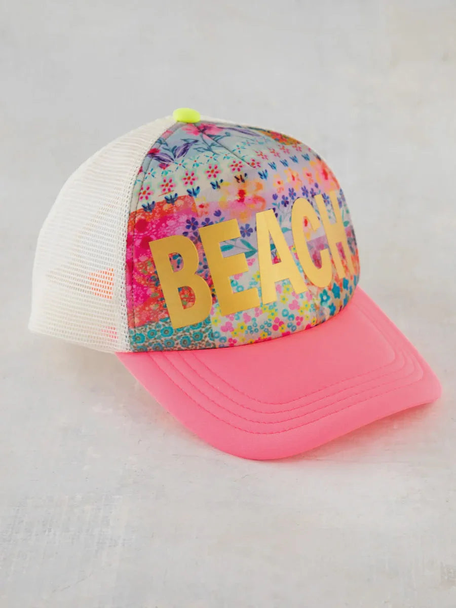 Colorful adjustable trucker hat with BEACH print on front panel for stylish summer wear