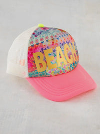 Colorful adjustable trucker hat with BEACH print on front panel for stylish summer wear