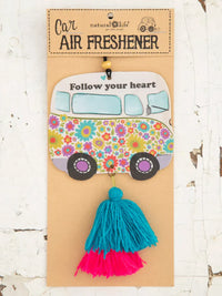 Colorful Groovy Van air freshener with blue and pink tassel for a boho free spirit vibe